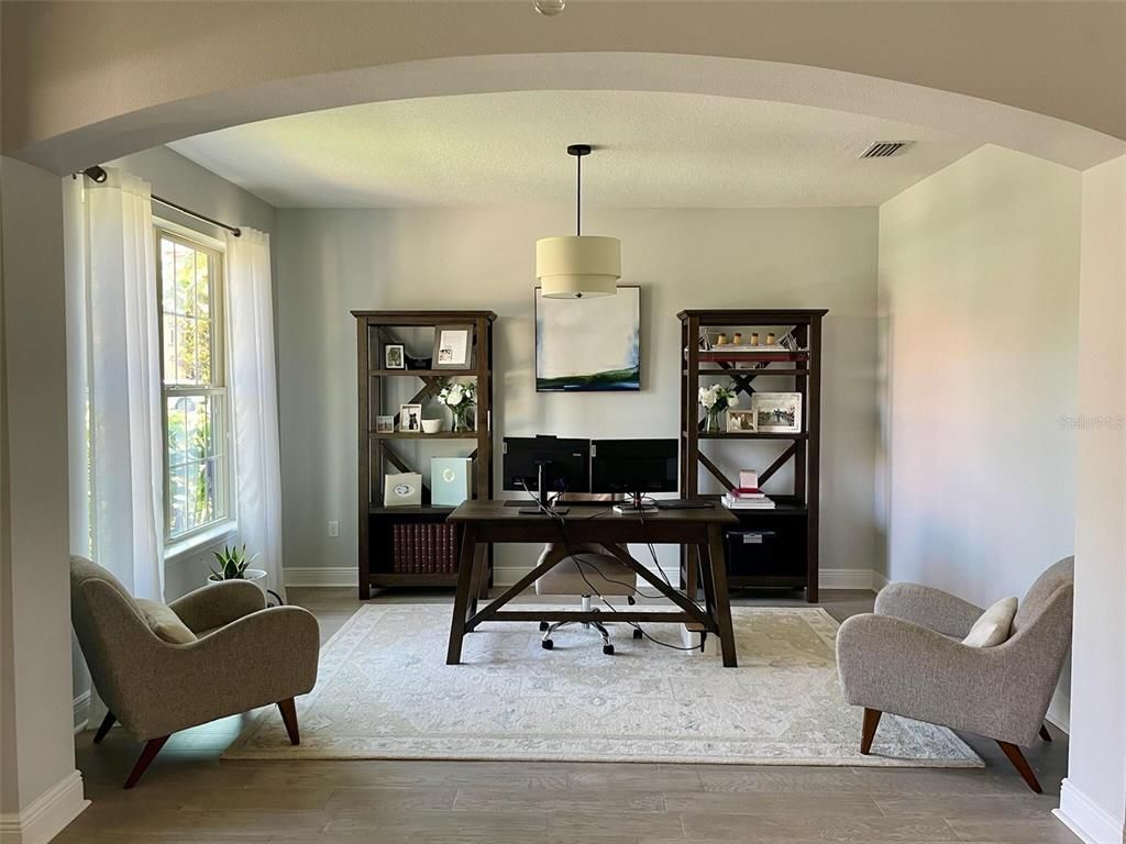 Home Office, Interior, Pendant Lights, Wood Texture Flooring