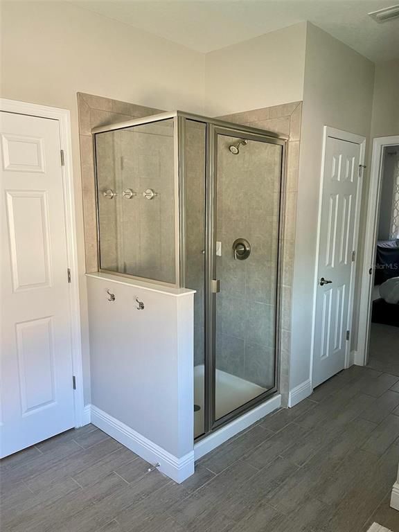 Bathroom, Glass Shower, Interior, Wood Texture Flooring