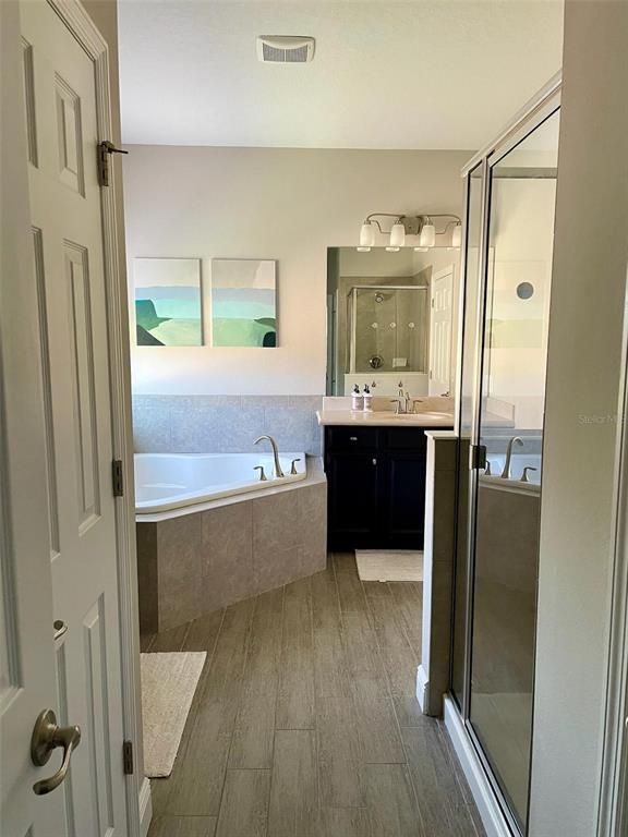 Bathroom, Glass Shower, Interior, Wood Texture Flooring