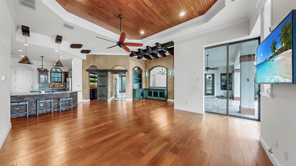 Empty room, Interior, Kitchen, Pendant Lights, Recessed Lighting, Wooden Ceilings, Wood Texture Flooring