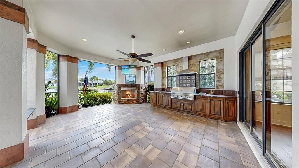 Fireplace, Interior, Recessed Lighting, Stone Walls