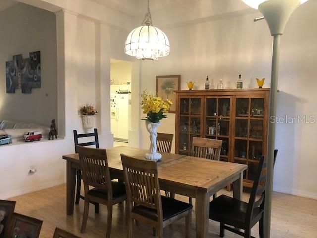 Dining room, Interior, Pendant Lights, Wood Texture Flooring