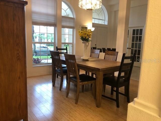 Chandelier, Dining room, Interior, Wood Texture Flooring