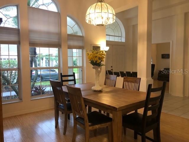 Dining room, Interior, Pendant Lights, Wood Texture Flooring