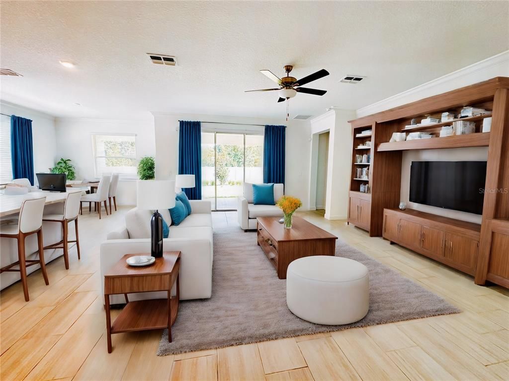 Dining room, Interior, Living room, Recessed Lighting, Wood Texture Flooring
