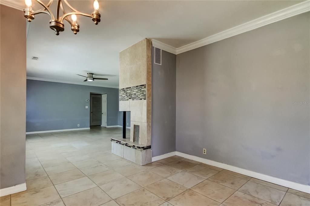 Chandelier, Empty room, Fireplace, Interior