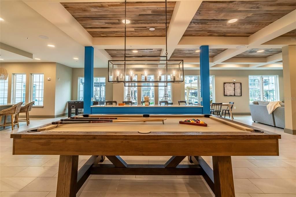 Billiard Table, Game Room, Interior, Pendant Lights, Recessed Lighting, Wooden Ceilings
