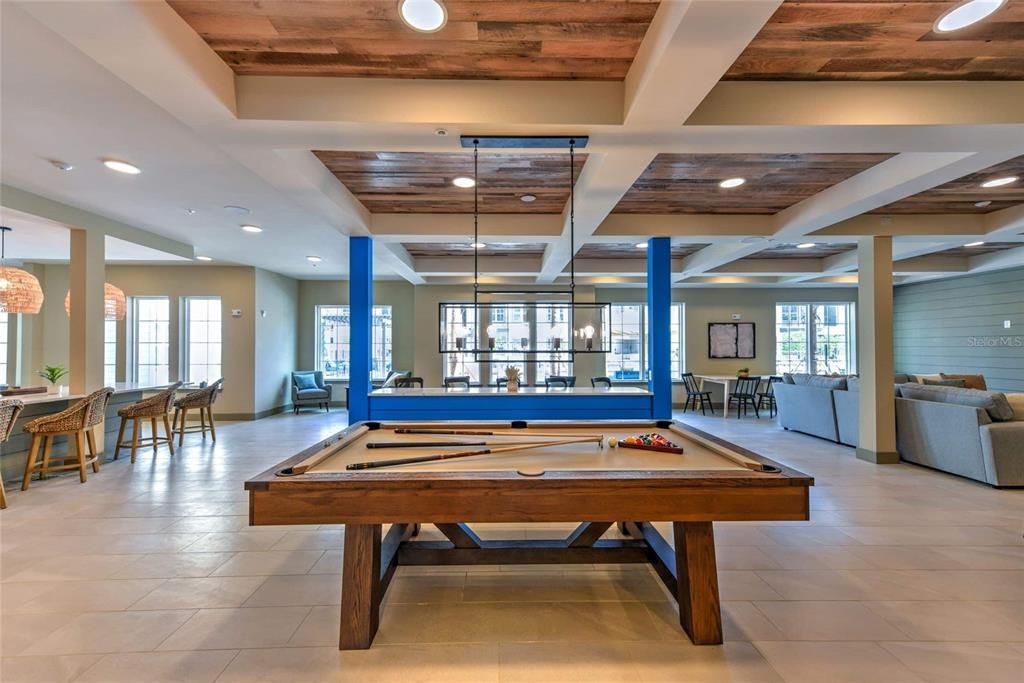 Billiard Table, Game Room, Interior, Pendant Lights, Recessed Lighting, Wooden Ceilings