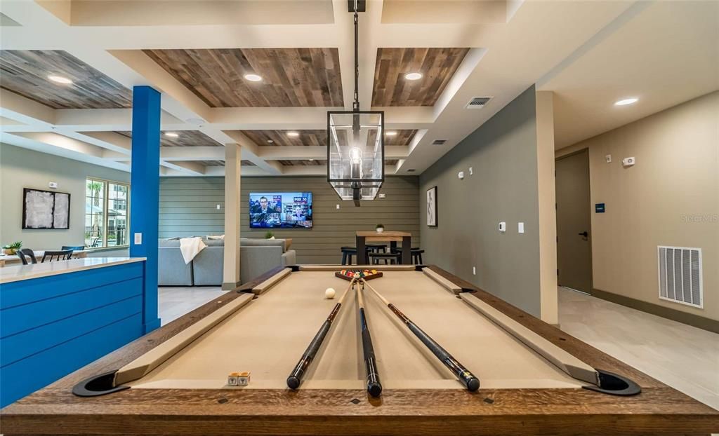Billiard Table, Game Room, Interior, Pendant Lights, Recessed Lighting, Wooden Ceilings