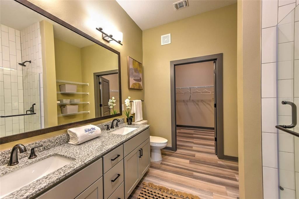 Bathroom, Dual Sink Vanities, Glass Shower, Interior, Wood Texture Flooring