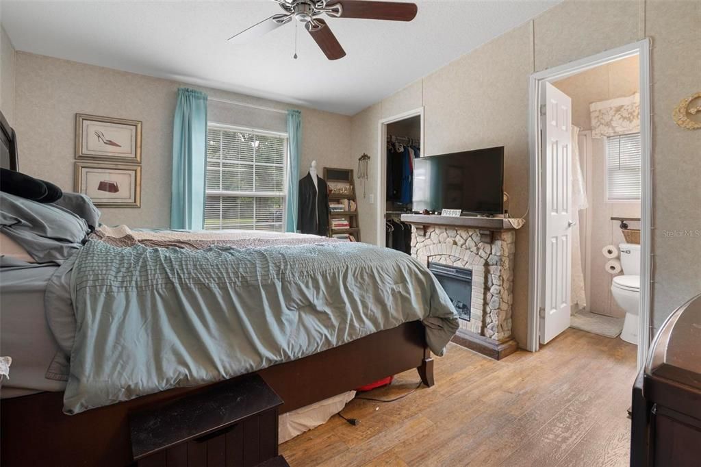 Bedroom, Fireplace, Interior, Wood Texture Flooring
