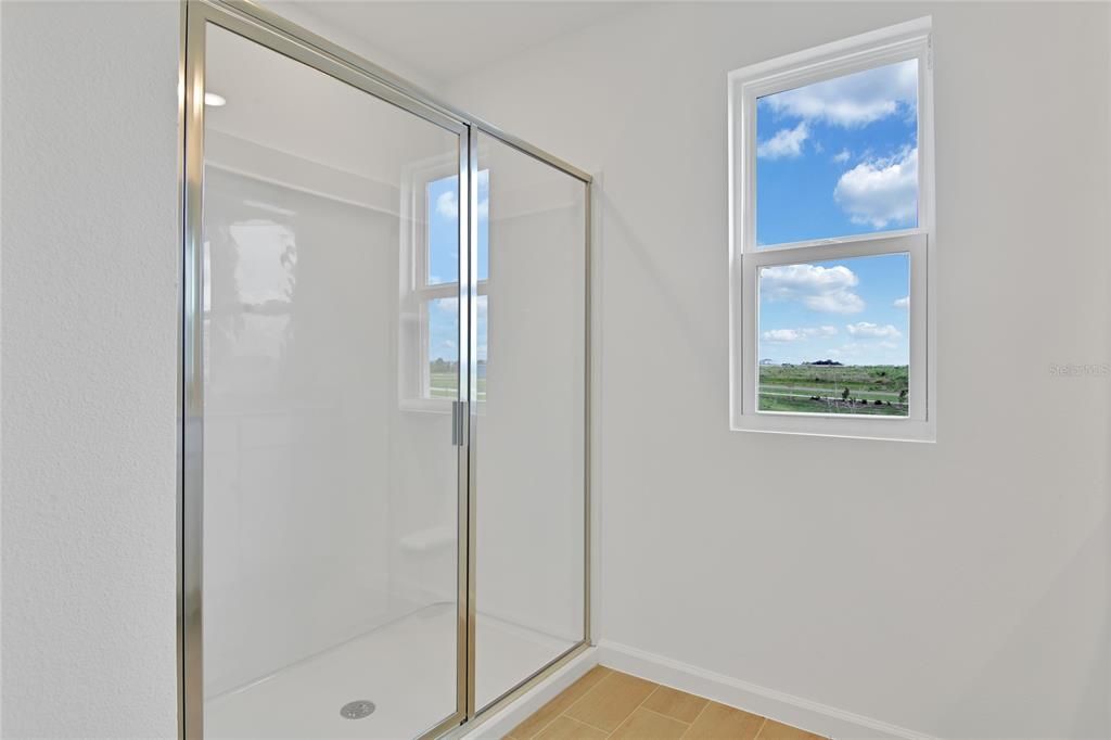 Bathroom, Glass Shower, Interior, Recessed Lighting, Wood Texture Flooring