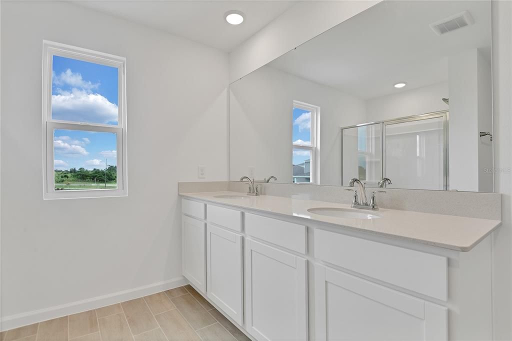Bathroom, Dual Sink Vanities, Interior, Recessed Lighting, Wood Texture Flooring