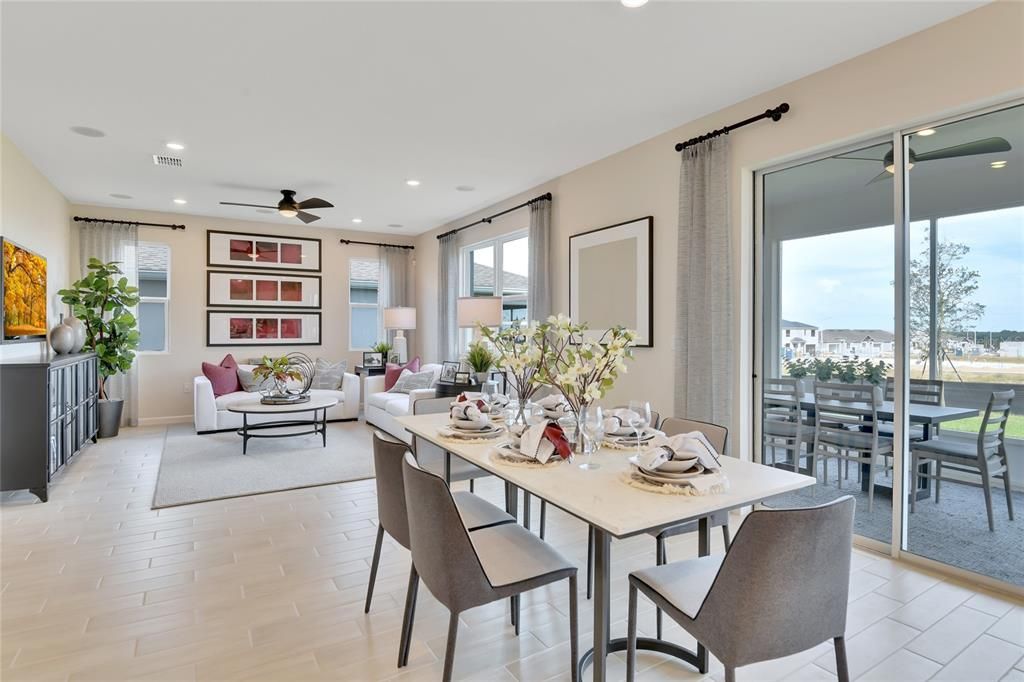 Dining room, Interior, Living room, Recessed Lighting, Water, Wood Texture Flooring