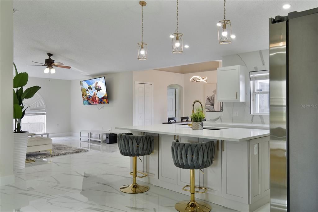 Interior, Kitchen, Marble, Pendant Lights, Recessed Lighting, Stainless Steel Appliances