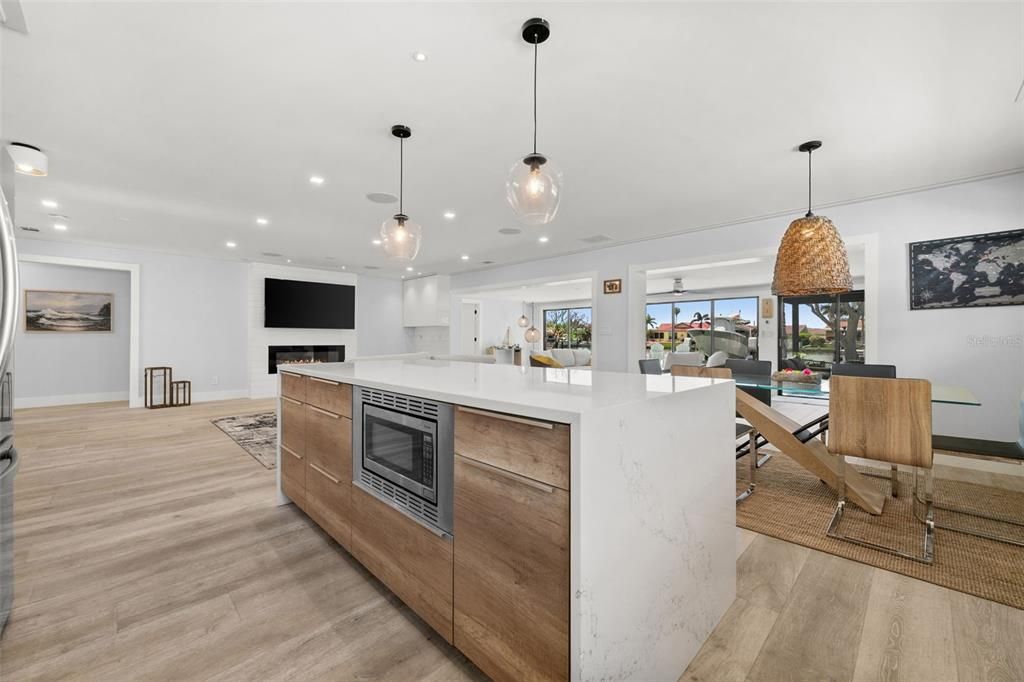 Dining room, Interior, Kitchen, Pendant Lights, Recessed Lighting, Water, Wood Texture Flooring