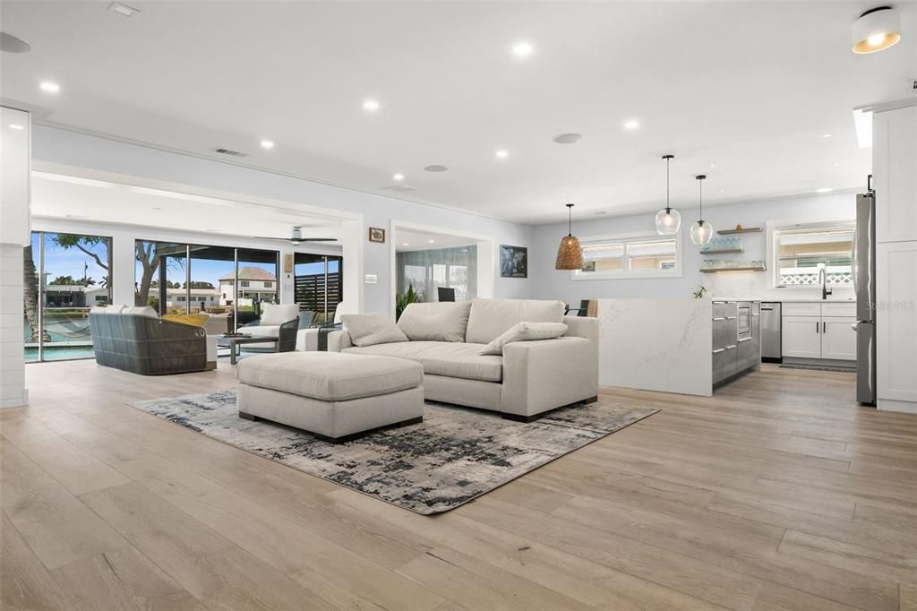 Interior, Kitchen, Living room, Pendant Lights, Recessed Lighting, Wood Texture Flooring