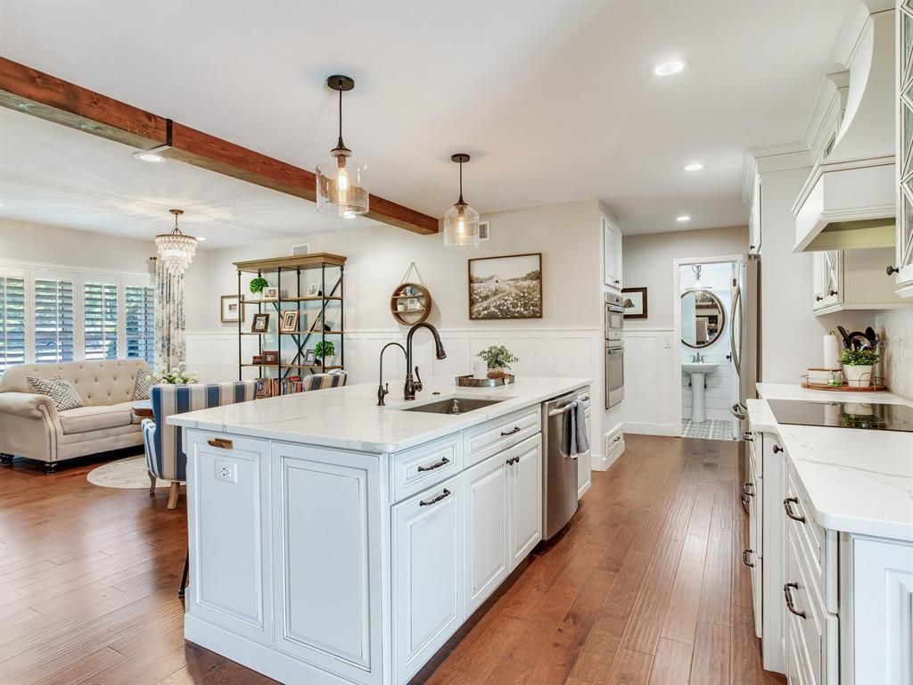 Chandelier, Interior, Kitchen, Pendant Lights, Recessed Lighting, Stainless Steel Appliances, Wood Texture Flooring