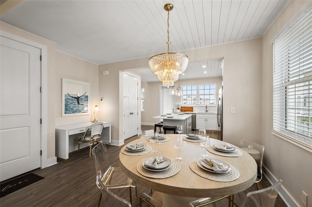 Chandelier, Dining room, Interior, Wood Texture Flooring