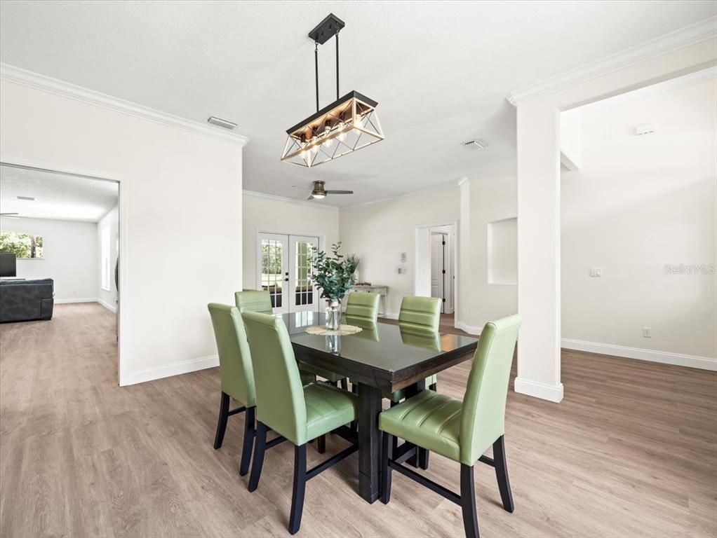 Dining room, Interior, Pendant Lights, Wood Texture Flooring