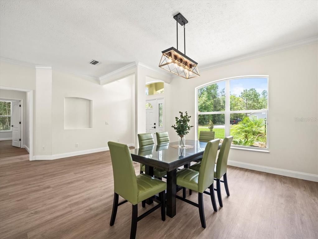 Dining room, Interior, Pendant Lights, Wood Texture Flooring