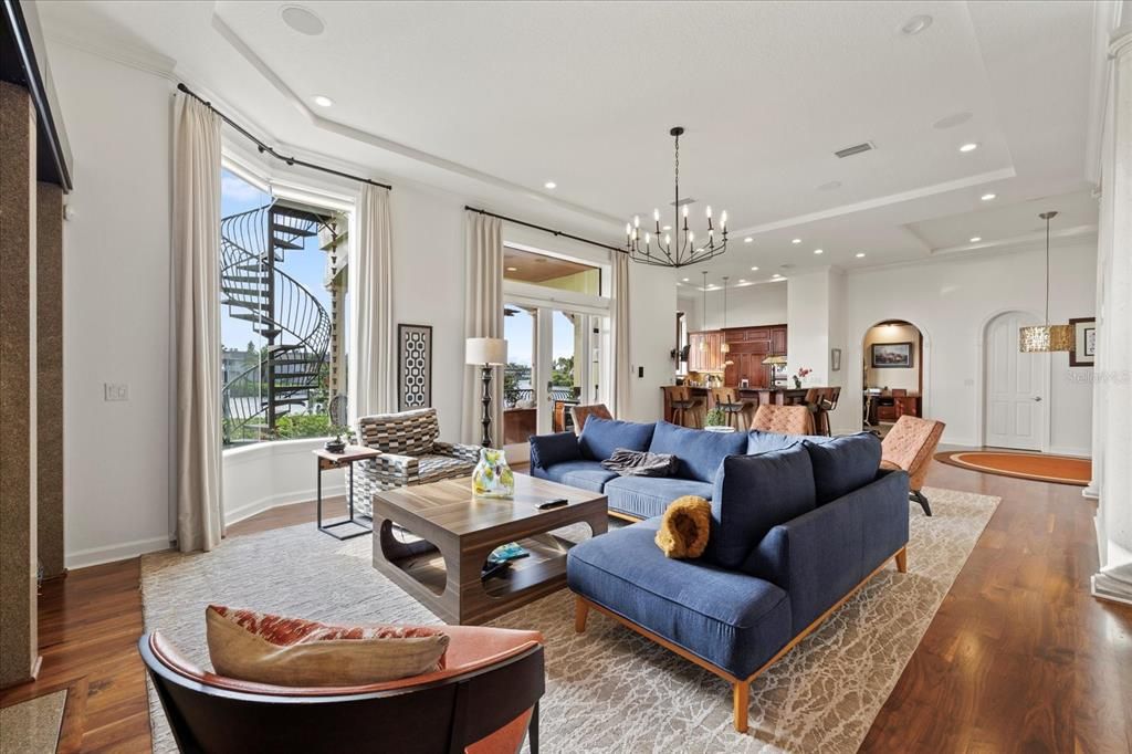 Chandelier, Dining room, Interior, Living room, Pendant Lights, Recessed Lighting, Wood Texture Flooring