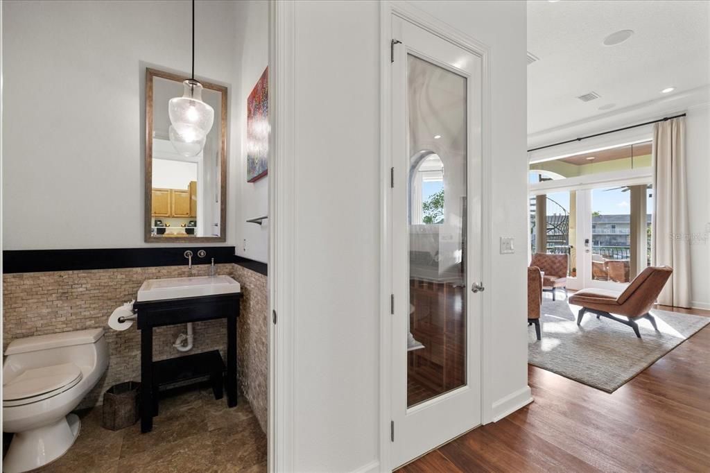 Bathroom, Interior, Pendant Lights, Recessed Lighting, Wood Texture Flooring