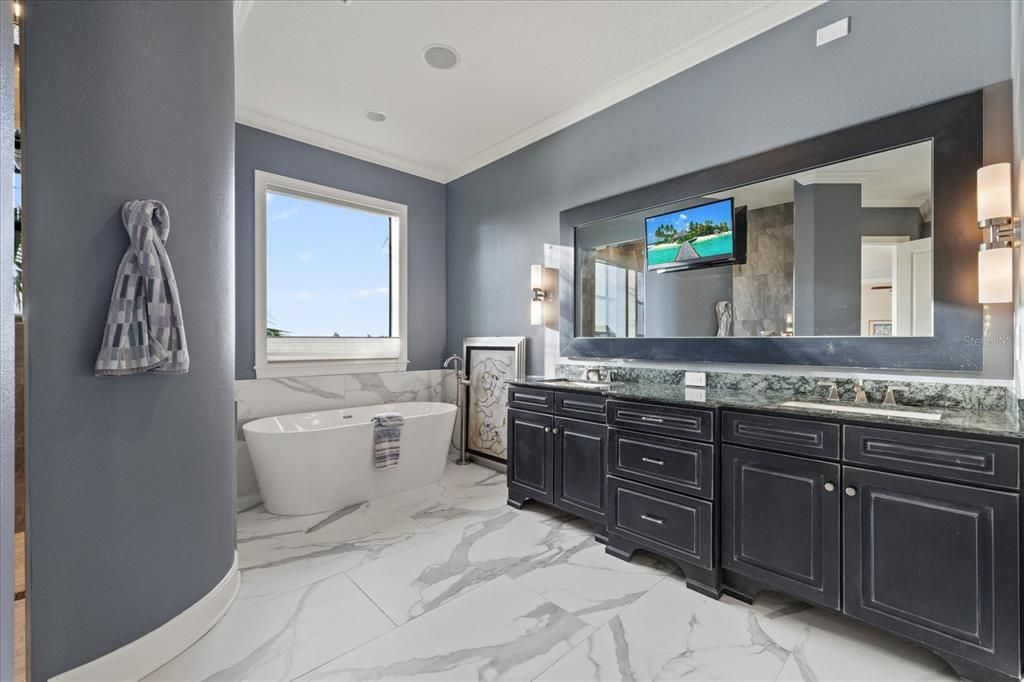 Bathroom, Dual Sink Vanities, Free Standing Baths, Interior, Marble