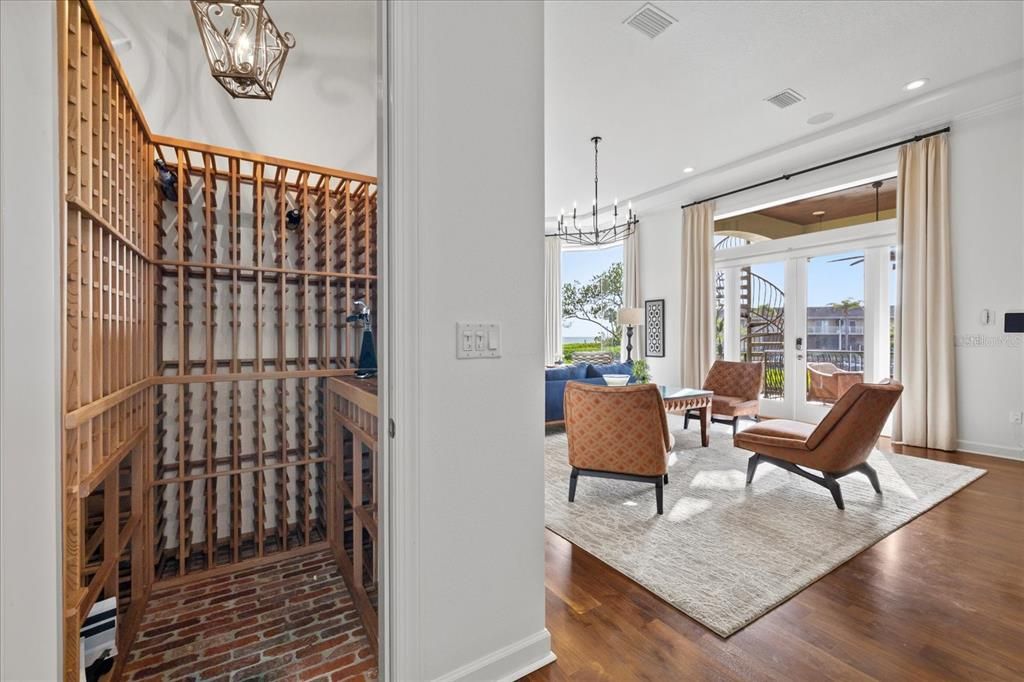 Chandelier, Interior, Living room, Recessed Lighting, Wine Storage, Wood Texture Flooring
