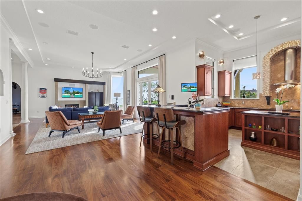 Chandelier, Dining room, Interior, Kitchen, Living room, Pendant Lights, Recessed Lighting, Wood Texture Flooring