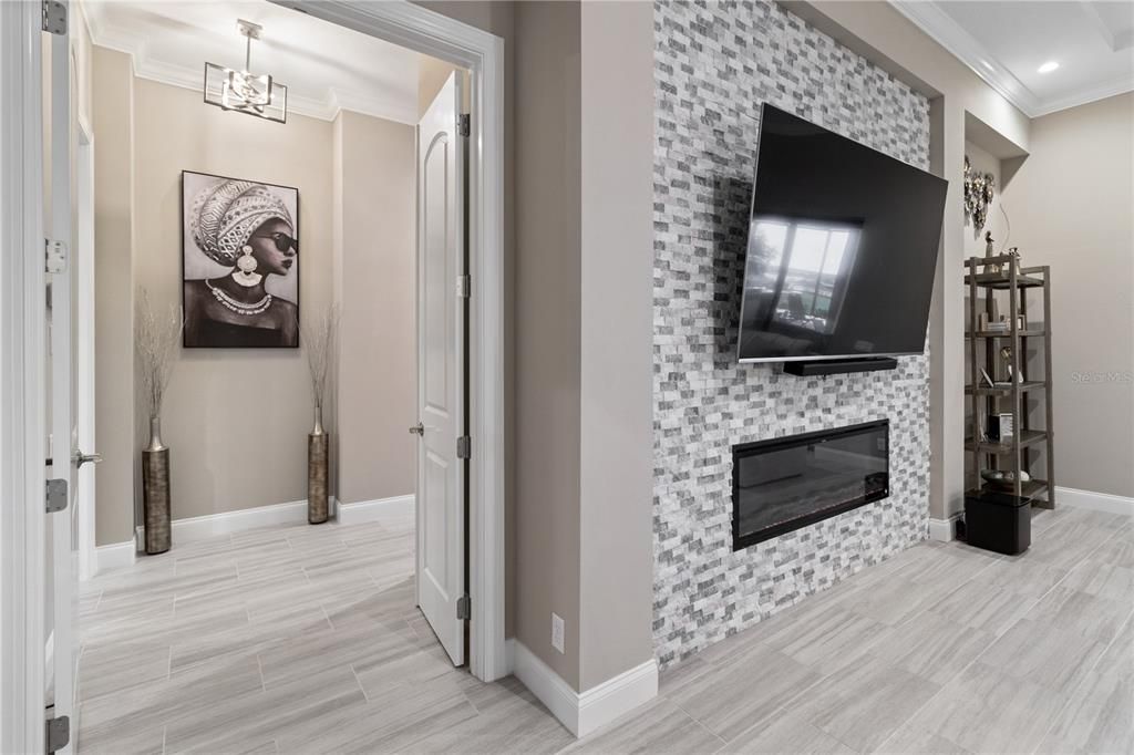 Fireplace, Interior, Pendant Lights, Recessed Lighting, Wood Texture Flooring