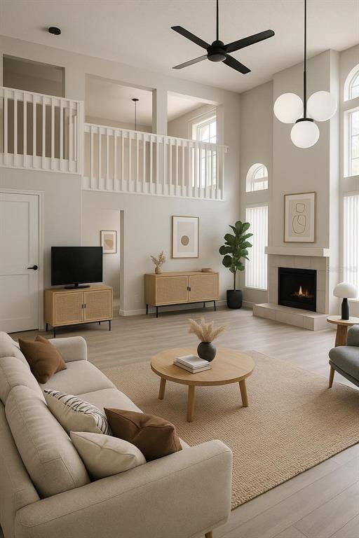 Fireplace, Interior, Living room, Pendant Lights, Wood Texture Flooring