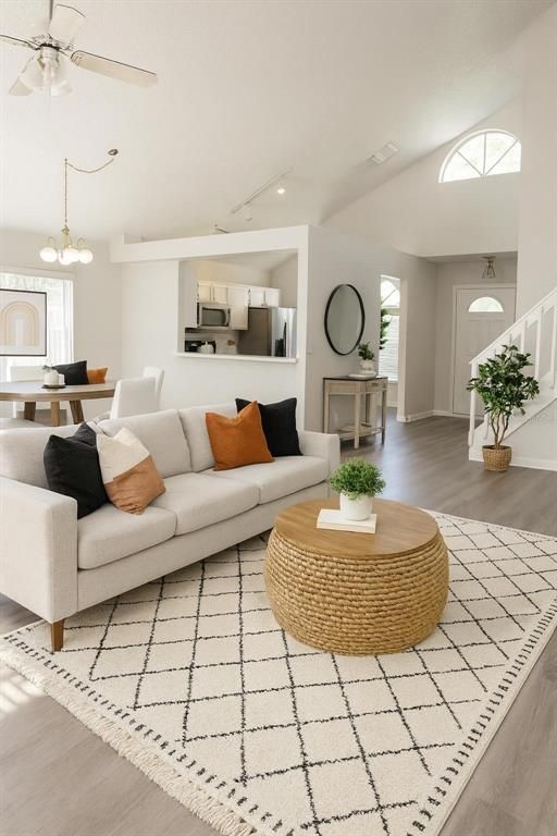 Dining room, Interior, Kitchen, Living room, Pendant Lights, Recessed Lighting, Stainless Steel Appliances, Wood Texture Flooring