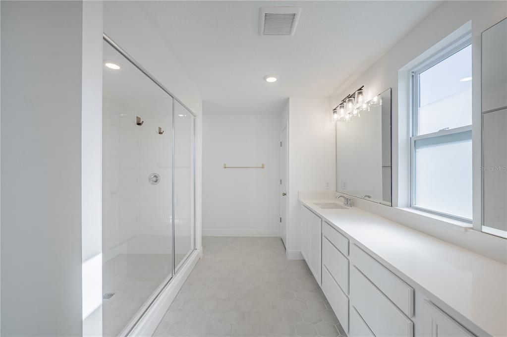 Bathroom, Dual Sink Vanities, Glass Shower, Interior, Recessed Lighting