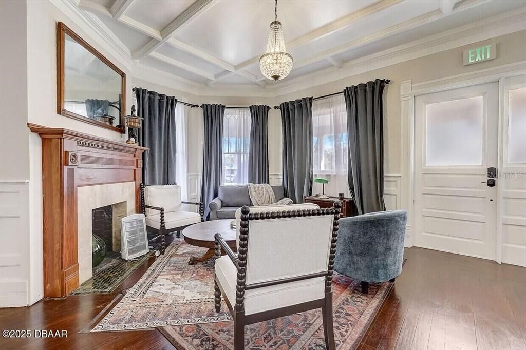 Fireplace, Interior, Living room, Pendant Lights, Wood Texture Flooring