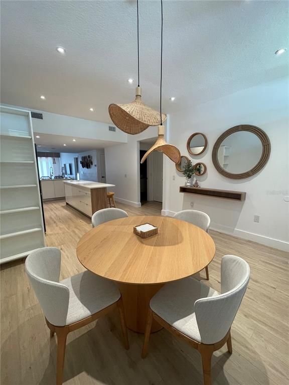 Dining room, Interior, Pendant Lights, Recessed Lighting, Wood Texture Flooring