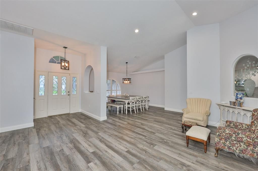 Dining room, Interior, Pendant Lights, Recessed Lighting, Wood Texture Flooring