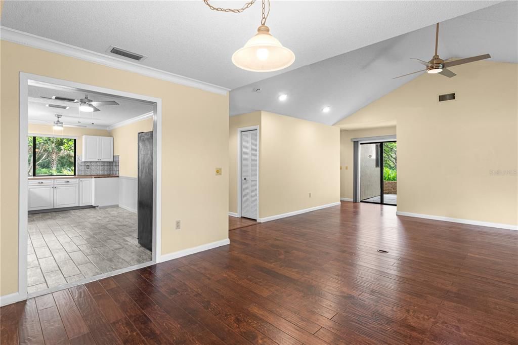 Empty room, Interior, Kitchen, Pendant Lights, Recessed Lighting, Wood Texture Flooring