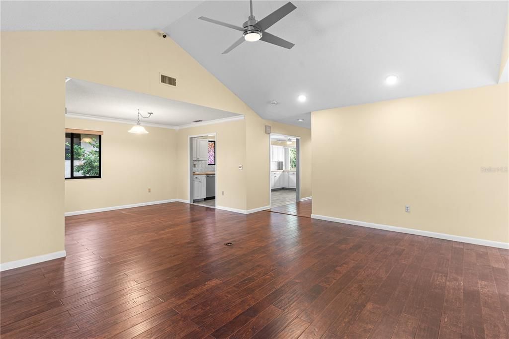 Empty room, Interior, Pendant Lights, Recessed Lighting, Wood Texture Flooring