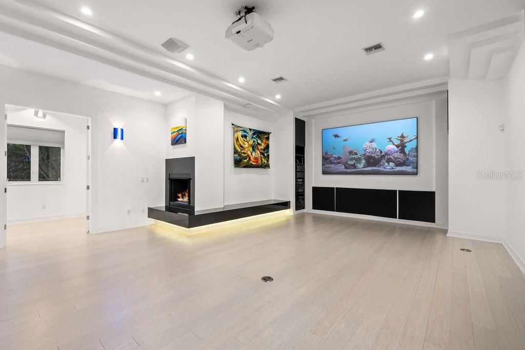 Empty room, Fireplace, Interior, Recessed Lighting, Wood Texture Flooring