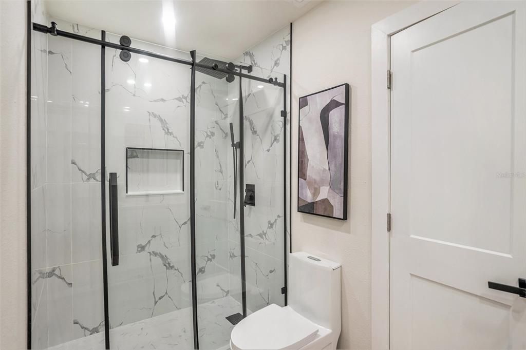 Bathroom, Glass Shower, Interior, Marble Walls, Recessed Lighting