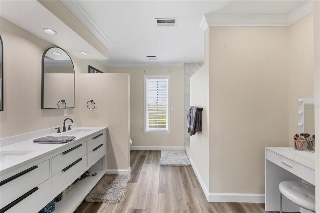 Bathroom, Dual Sink Vanities, Interior, Recessed Lighting, Wood Texture Flooring