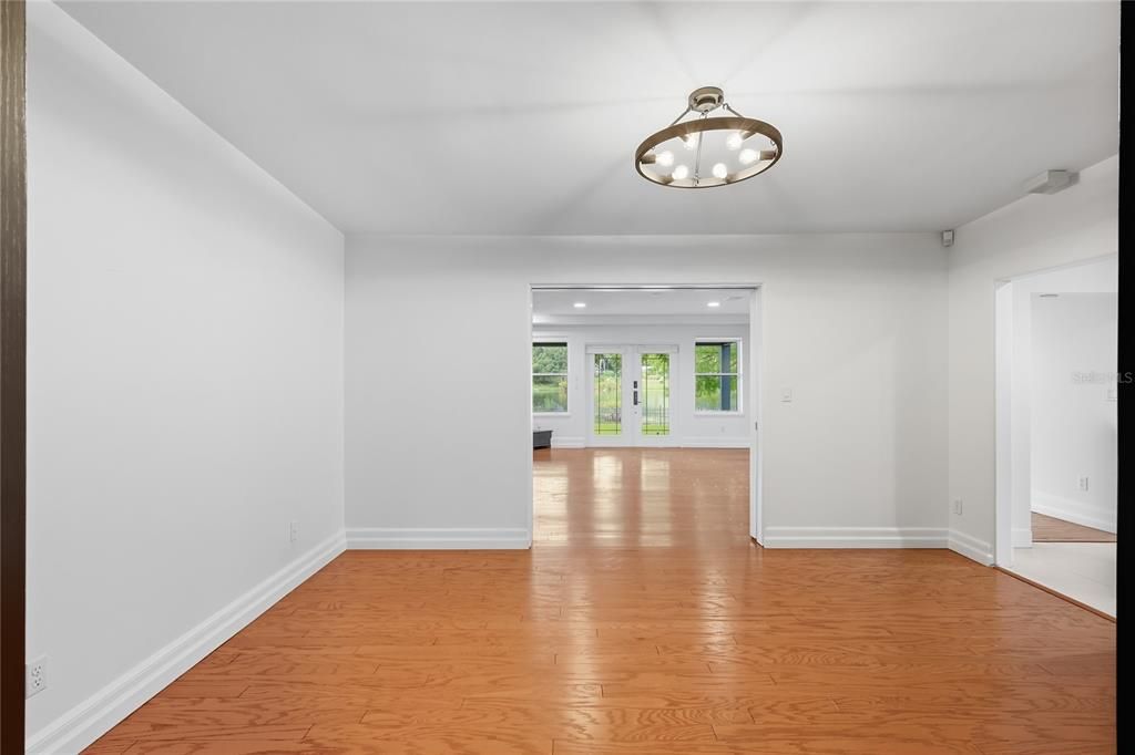 Empty room, Interior, Pendant Lights, Recessed Lighting, Wood Texture Flooring
