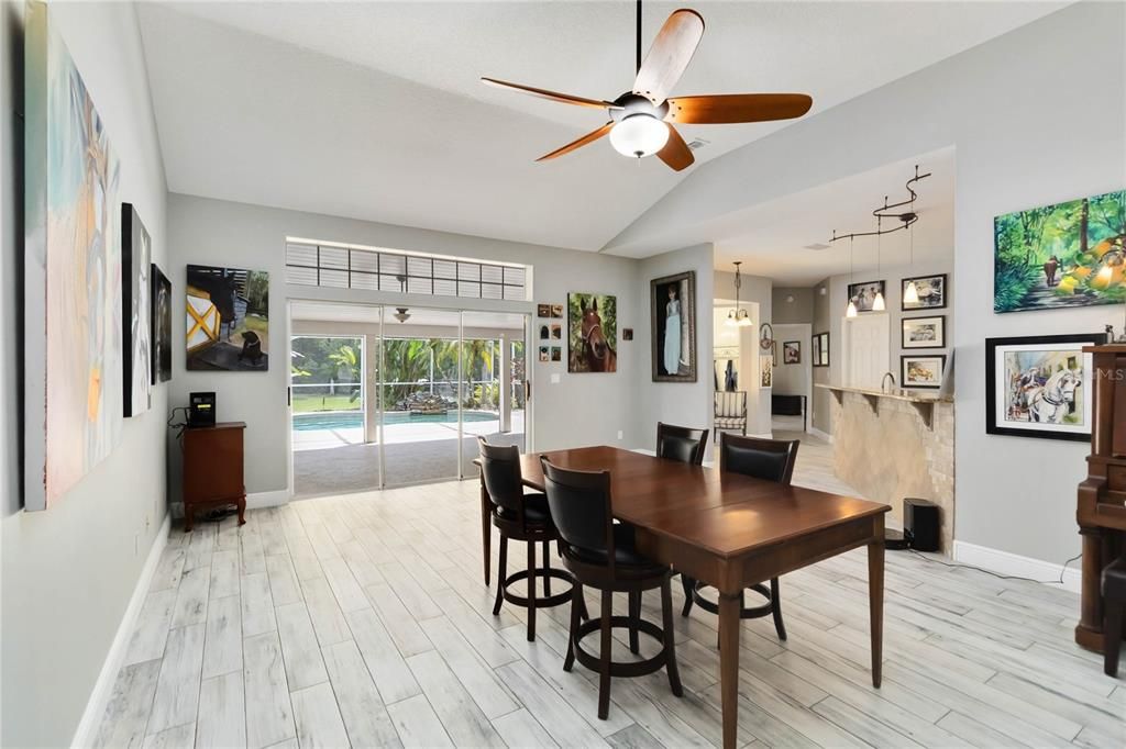 Dining room, Interior, Kitchen, Pendant Lights, Wood Texture Flooring