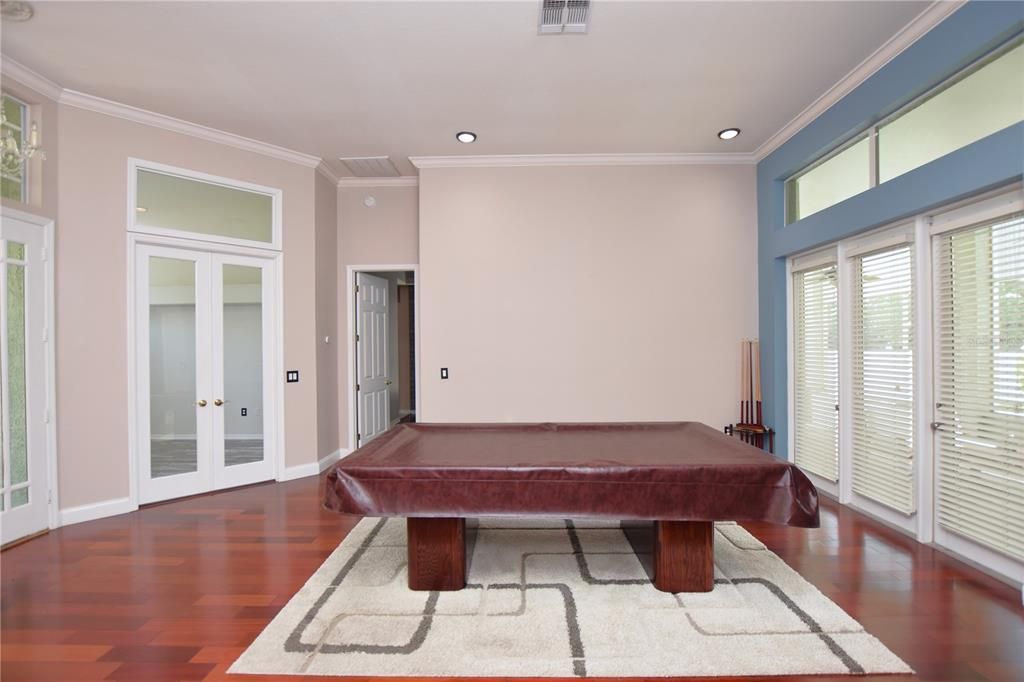 Billiard Table, Game Room, Interior, Recessed Lighting, Wood Texture Flooring