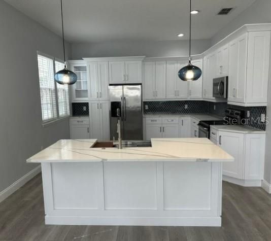 Interior, Kitchen, Pendant Lights, Recessed Lighting, Stainless Steel Appliances, Wood Texture Flooring