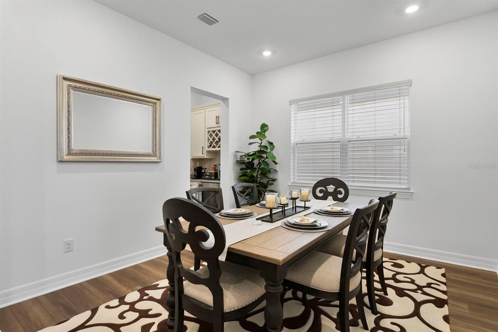 Dining room, Interior, Recessed Lighting, Wood Texture Flooring