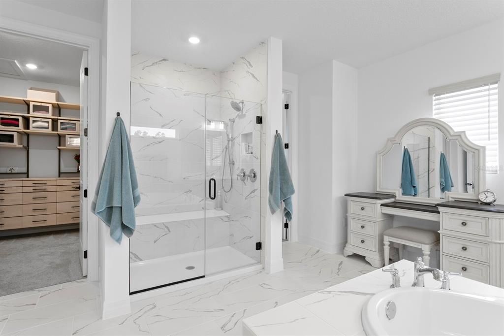 Bathroom, Glass Shower, Interior, Marble, Marble Walls, Recessed Lighting
