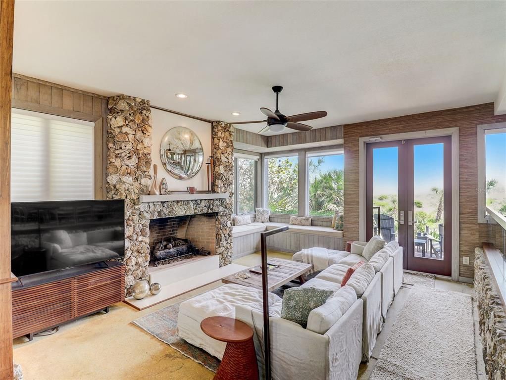Fireplace, Interior, Living room, Recessed Lighting, Stone Walls
