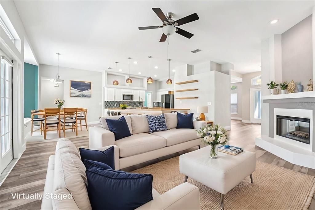 Dining room, Fireplace, Interior, Kitchen, Living room, Pendant Lights, Recessed Lighting, Wood Texture Flooring